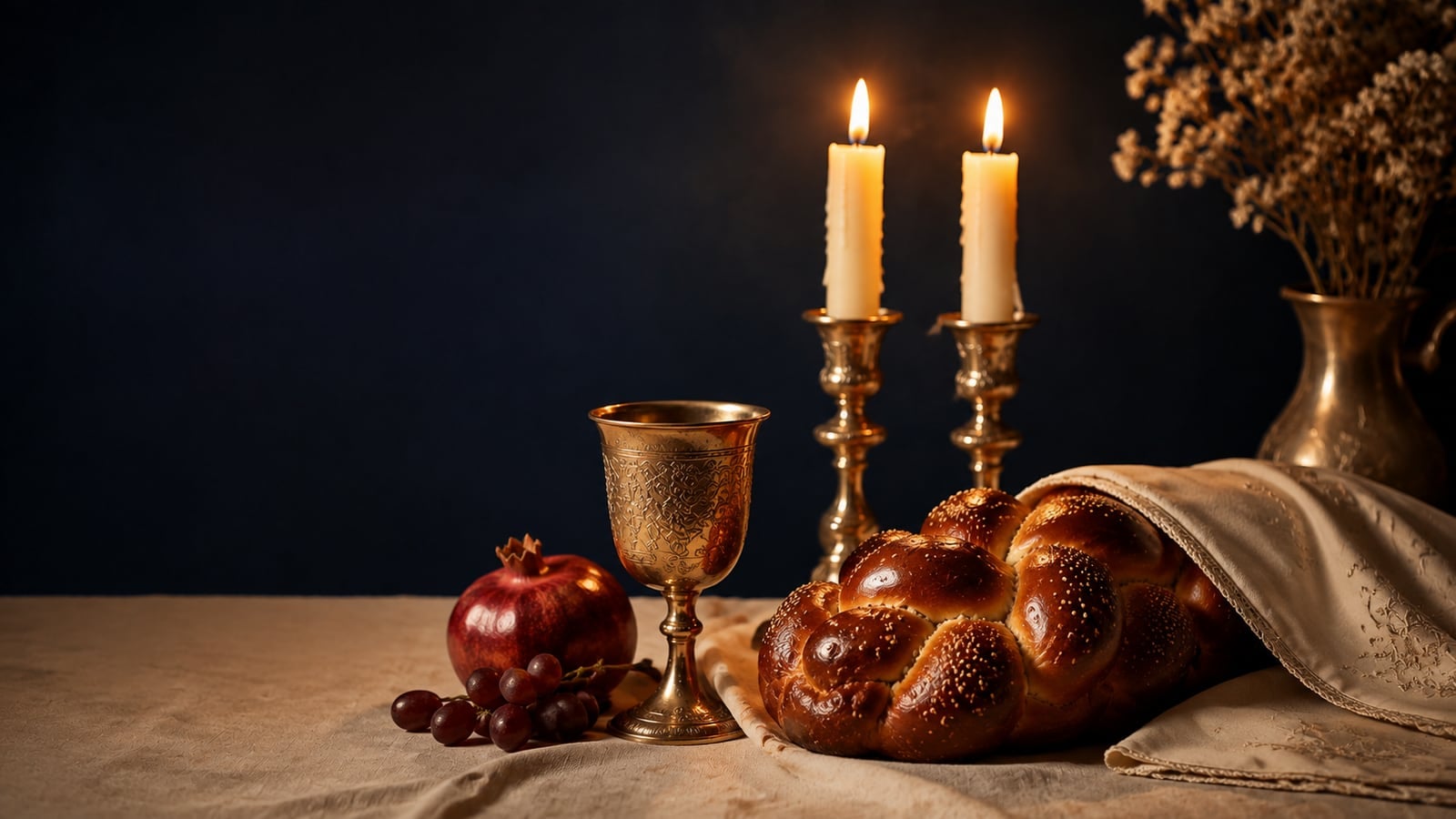 Candles, kiddush cup and challah on a set Shabbat table
